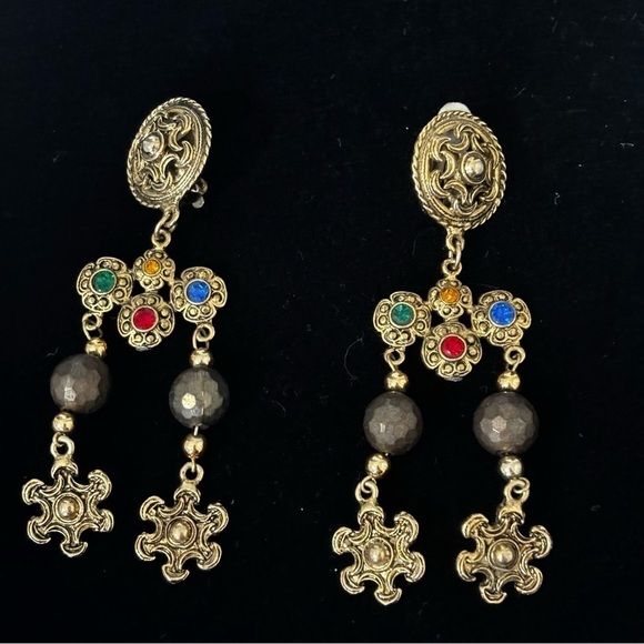 Vintage gorgeous brass rhinestones long cha cha style clip on earrings - Picture 2 of 7